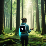A serene forest scene with a person wearing a smartwatch, surrounded by glowing data visualizations of heart rate and brainwaves, illustrating personalized biofeedback-driven forest therapy.