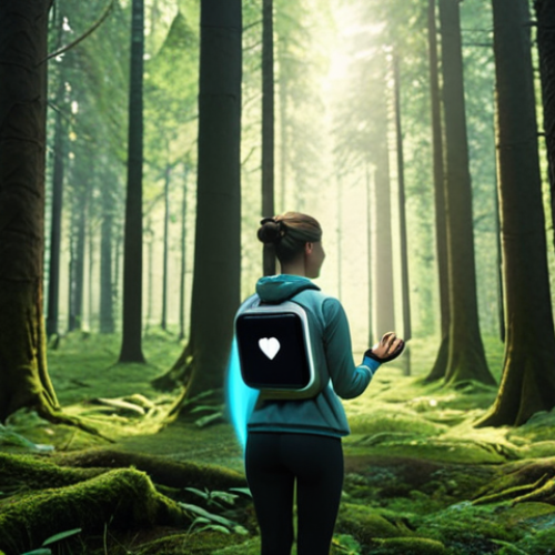 Home 15 A serene forest scene with a person wearing a smartwatch, surrounded by glowing data visualizations of heart rate and brainwaves, illustrating personalized biofeedback-driven forest therapy.