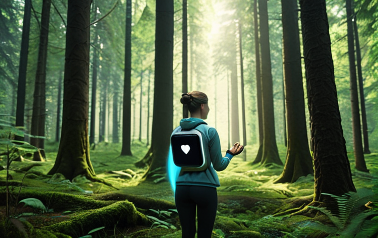 A serene forest scene with a person wearing a smartwatch, surrounded by glowing data visualizations of heart rate and brainwaves, illustrating personalized biofeedback-driven forest therapy.