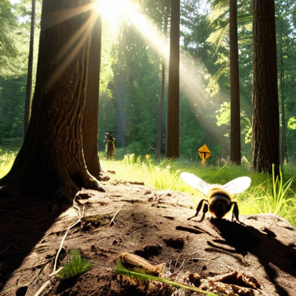 **

A forest scene with sunlight filtering through the trees, highlighting a person calmly lowering themselves to the ground as a bee approaches, avoiding sudden movements. Include nearby warning signs about bees.

**