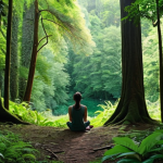 A person sitting quietly in a lush forest, gazing peacefully at the scenery, enjoying "forest bathing."