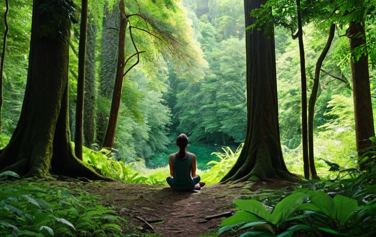 A person sitting quietly in a lush forest, gazing peacefully at the scenery, enjoying "forest bathing."